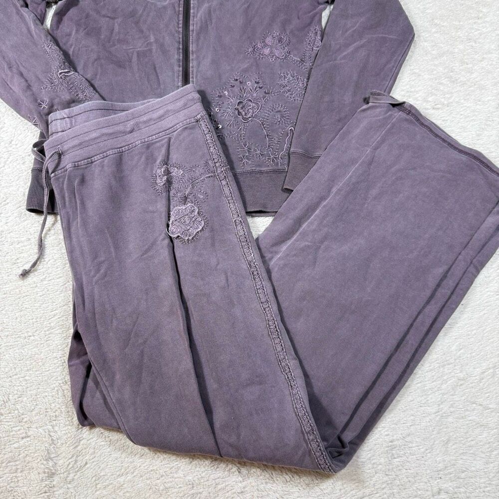 Y2K Vertigo Velour Tracksuit Set Women’s Purple Embroidered Zip Hoodie & Pants - Picture 2 of 9